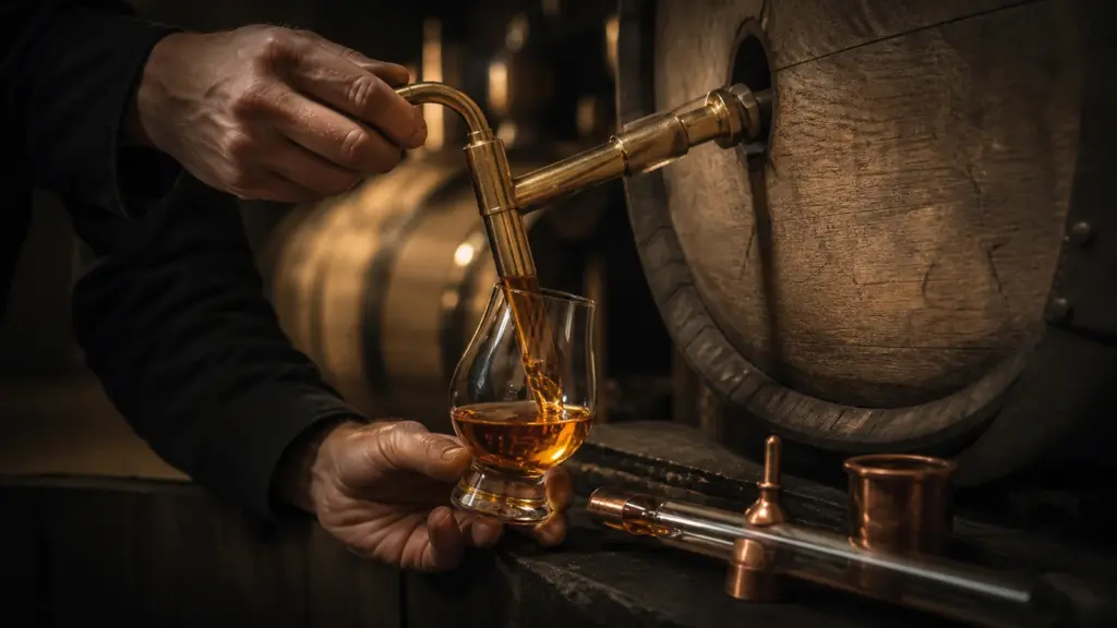 Kräftiger Whisky direkt aus dem Fass mit Alkoholmessspindel