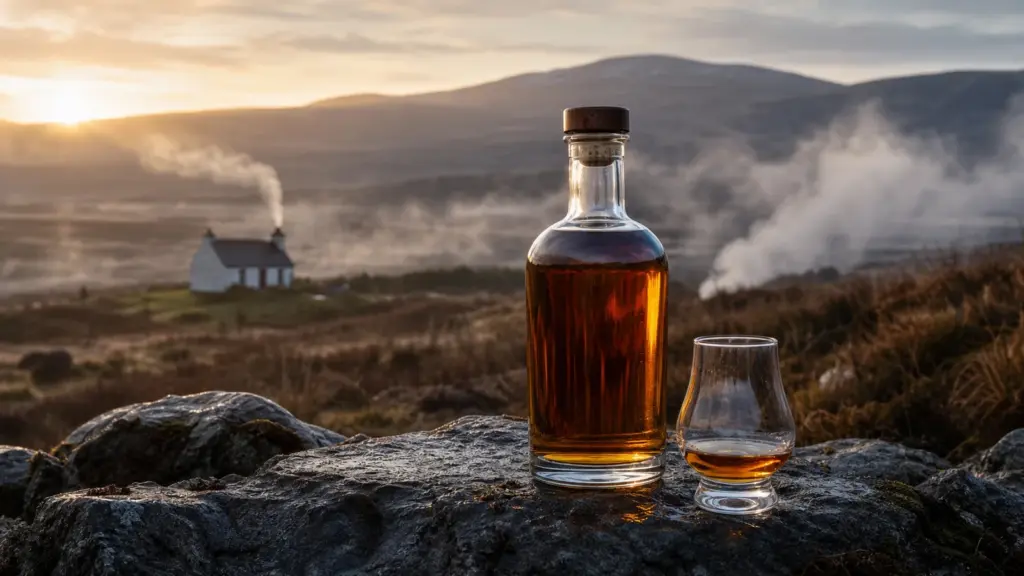 Getorfter irischer Whiskey vor einer nebligen Moorlandschaft in Connemara