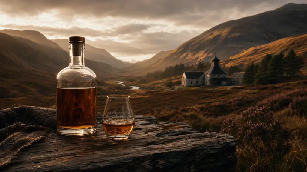 Highland-Whisky vor Bergtal und Heide