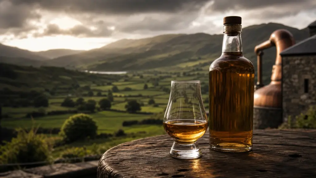 Irischer Whiskey mit grüner Landschaft und Kupferbrennblase