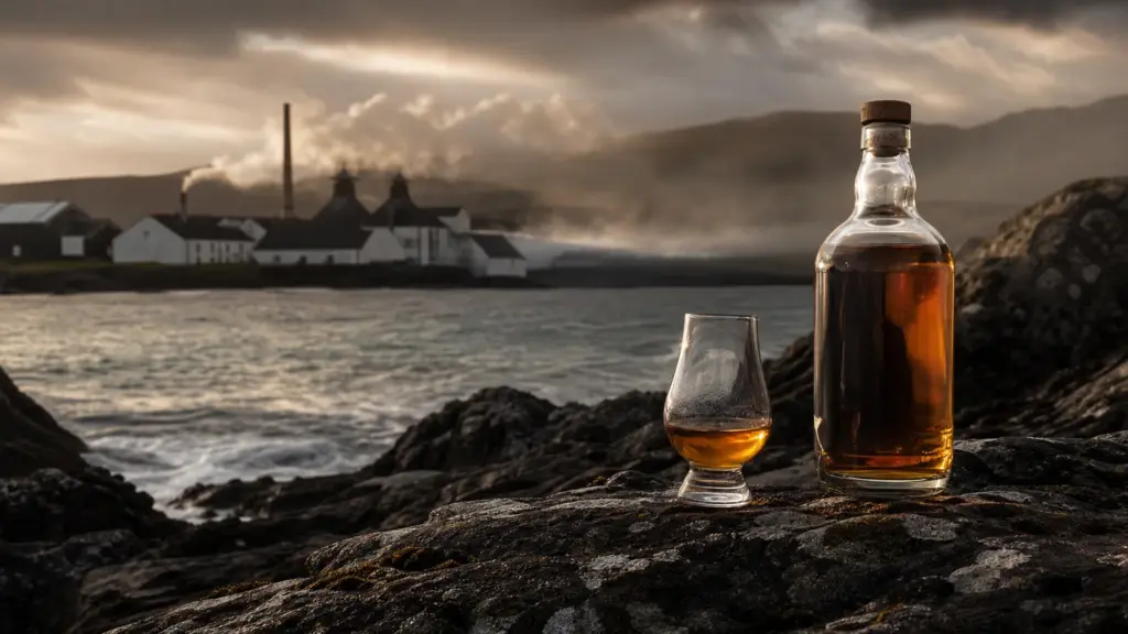 Islay-Whisky an rauer Küste mit Torfrauch