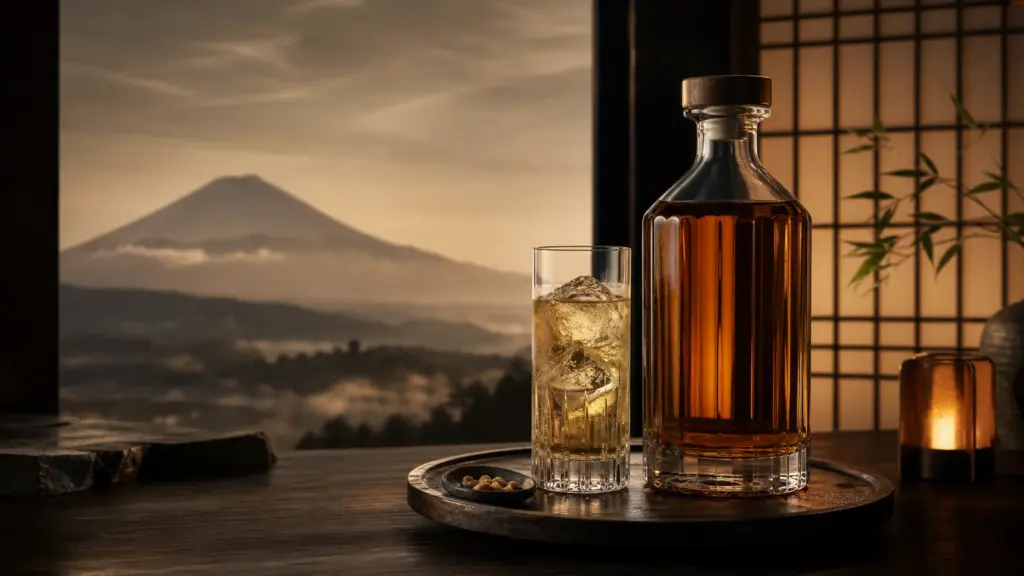 Japanischer Whisky vor ruhiger Holzarchitektur und Bergsilhouette