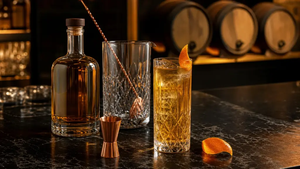Blended Malt mit Cocktailglas und drei schottischen Fässern