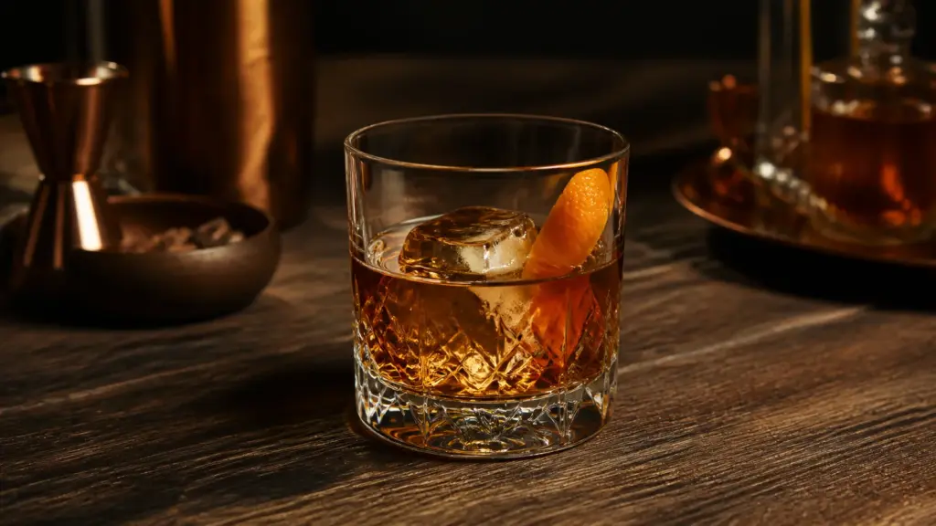Old Fashioned mit großem Eiswürfel und Orangenzeste
