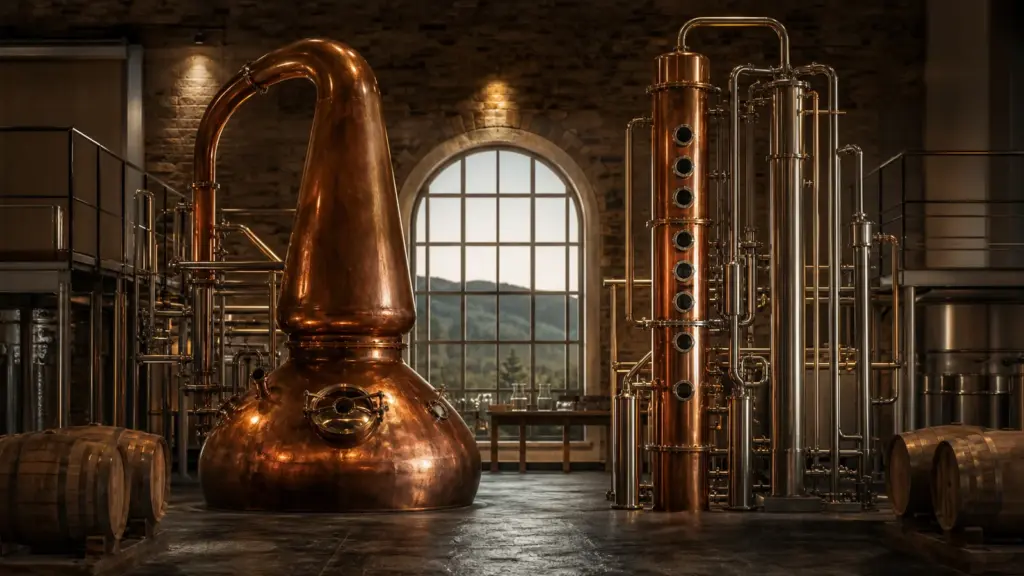 Kupferne Pot Still und Column Still im technischen Vergleich