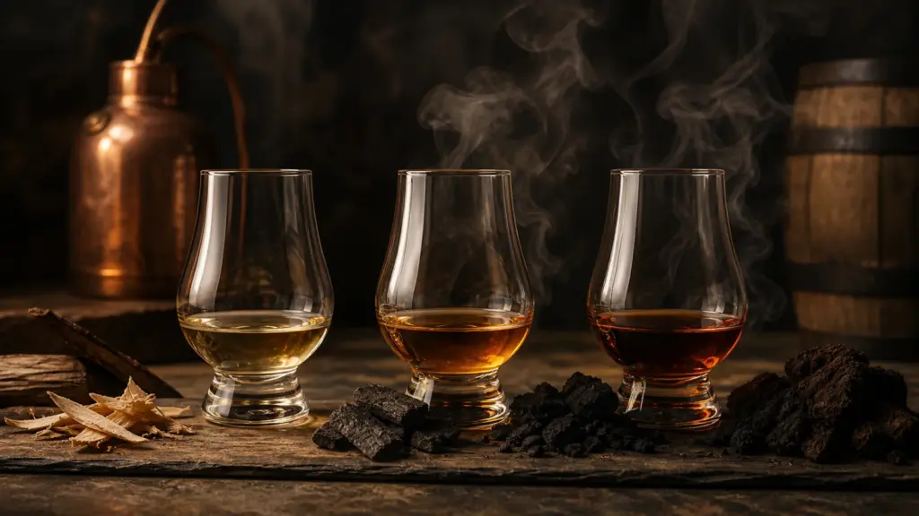 Rauchiger Whisky in drei abgestuften Intensitäten