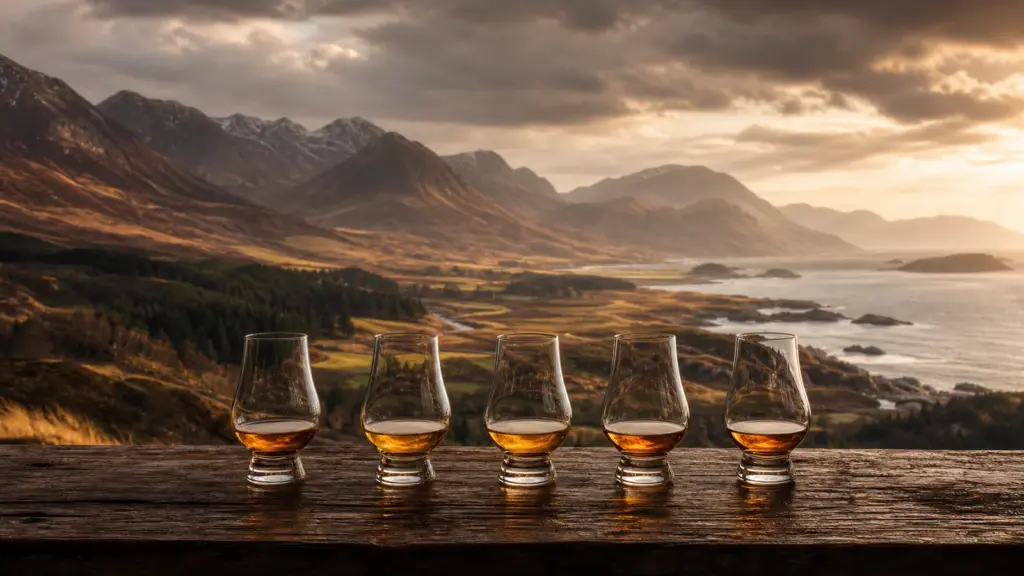 Schottische Whiskylandschaft mit fünf regionalen Charakteren