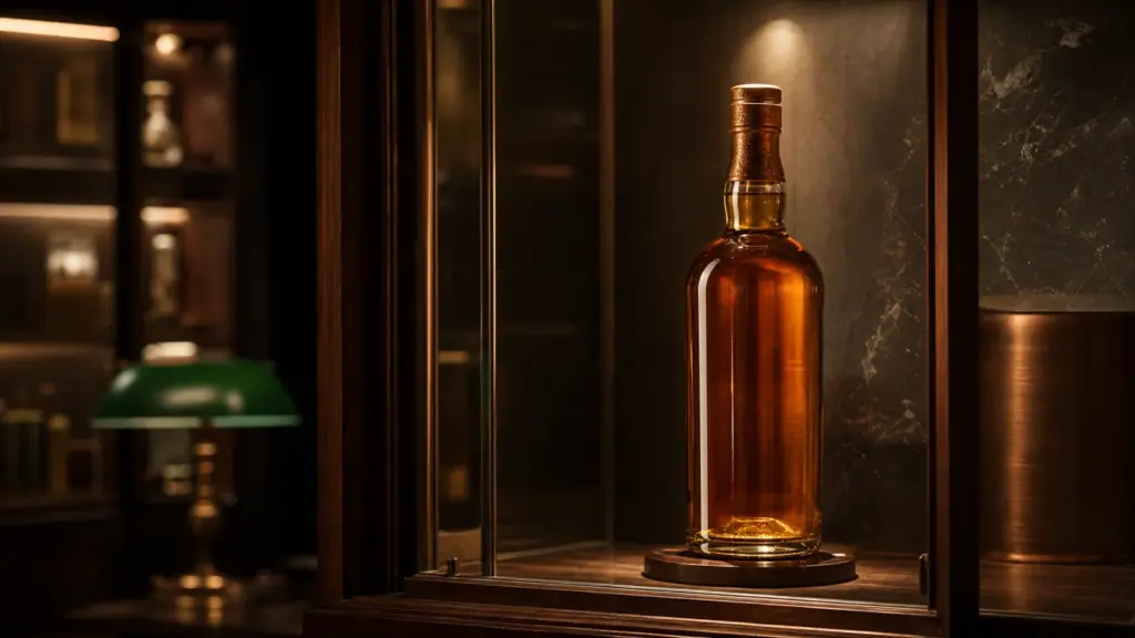 Seltene Whiskyflasche in einer klimatisierten Sammlervitrine