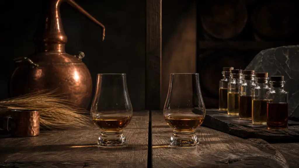 Zwei Whiskygläser im direkten Vergleich von Single Malt und Blend