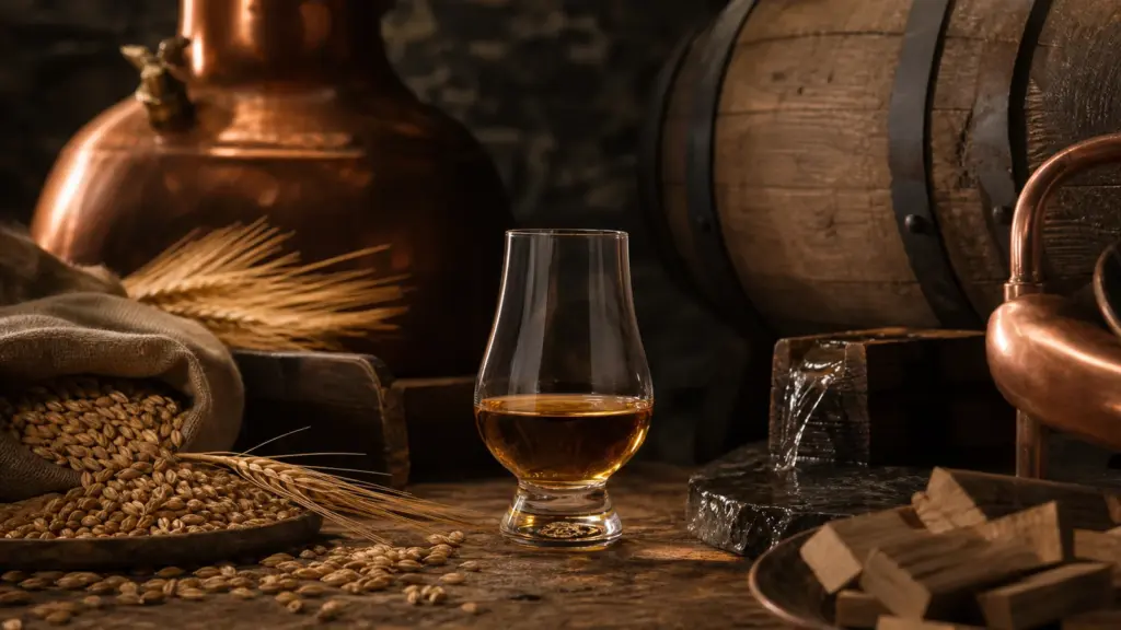 Gerste, Wasser, Kupfer und Eiche als Grundlagen von Whisky