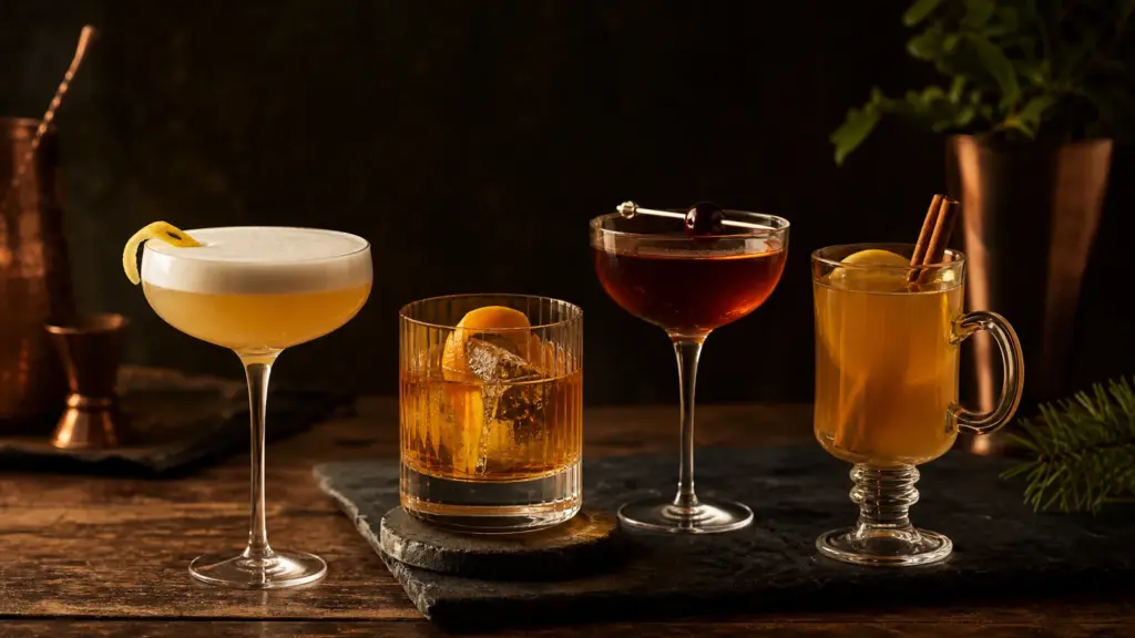 Vier klassische Whiskey-Cocktails auf einer eleganten Bar