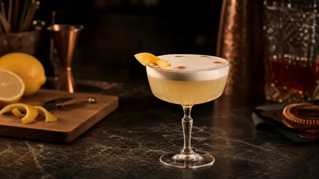 Whiskey Sour mit cremigem Schaum und Zitronenzeste