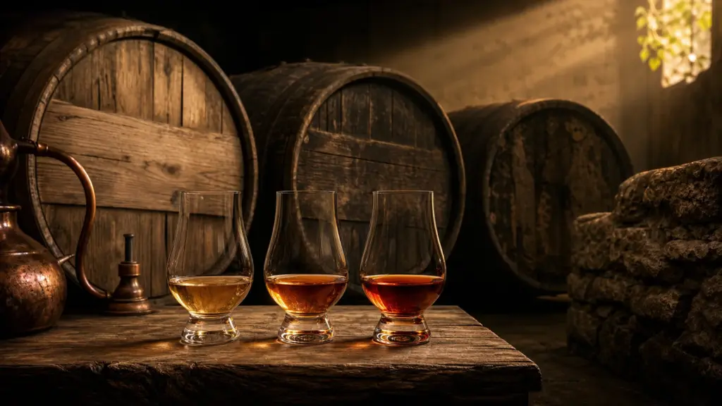 Drei unterschiedlich gereifte Whiskys vor alten Eichenfässern
