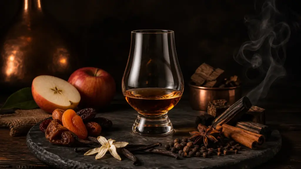 Whiskyglas umgeben von typischen Aromen aus Frucht, Gewürz und Holz