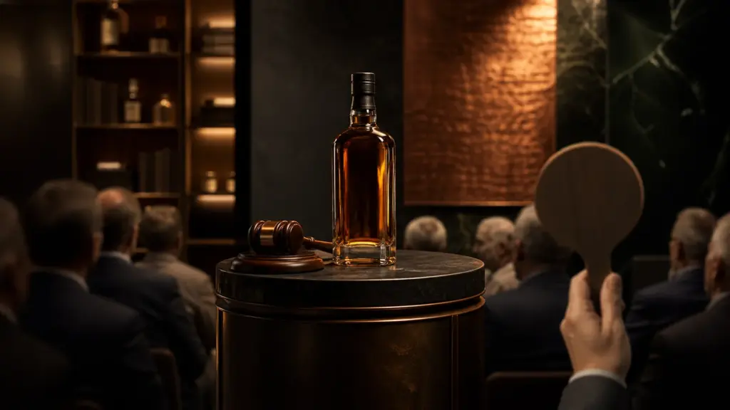 Whiskyflasche bei einer seriösen Auktion mit Auktionshammer