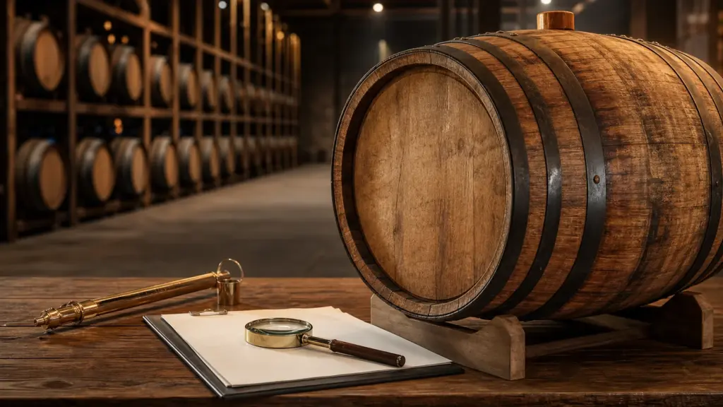 Whiskyfass mit Prüfunterlagen und deutlichem Risikofokus