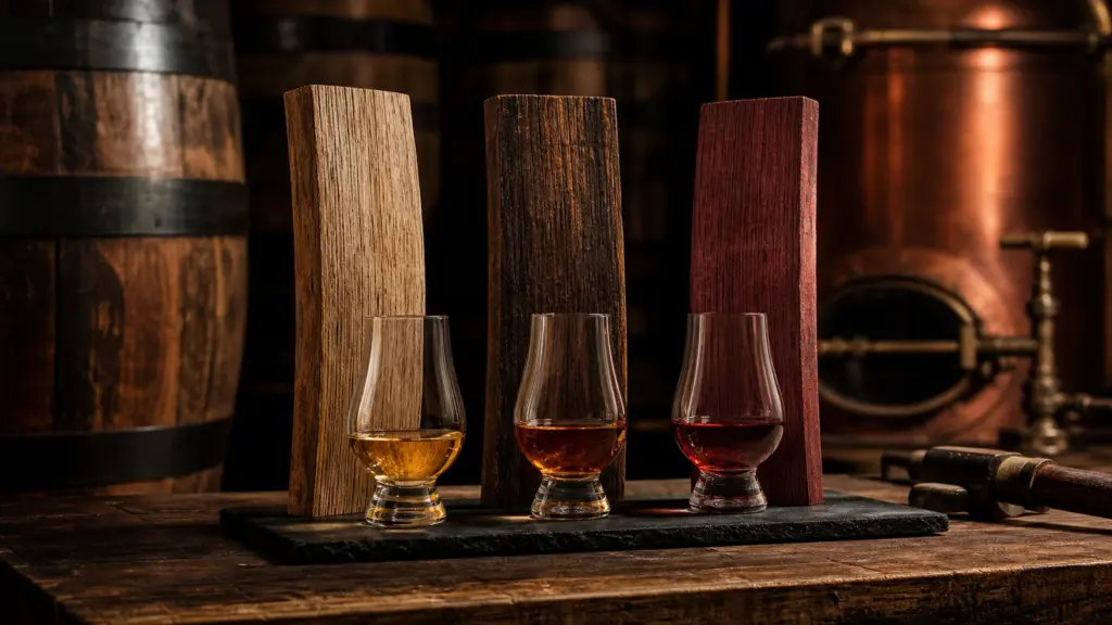 Verschiedene Whiskyfässer mit typischen Reifungsfarben