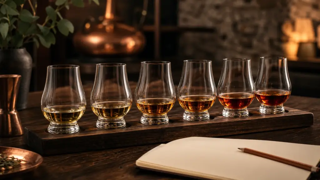 Sechs unterschiedliche Whiskygläser als Einstieg in verschiedene Geschmacksrichtungen