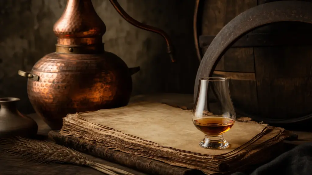 Historische Whisky-Dokumente neben moderner Destillation