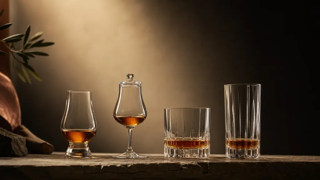 Verschiedene Whiskygläser im direkten Formvergleich