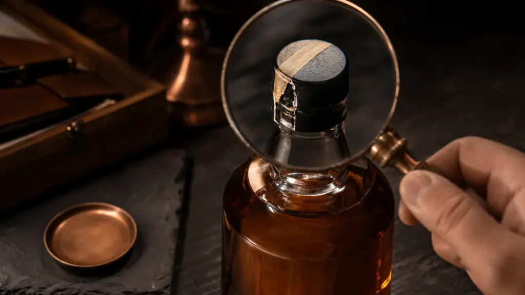 Versiegelte Whiskyflasche mit Lupe und Warnzeichen für Fälschungen