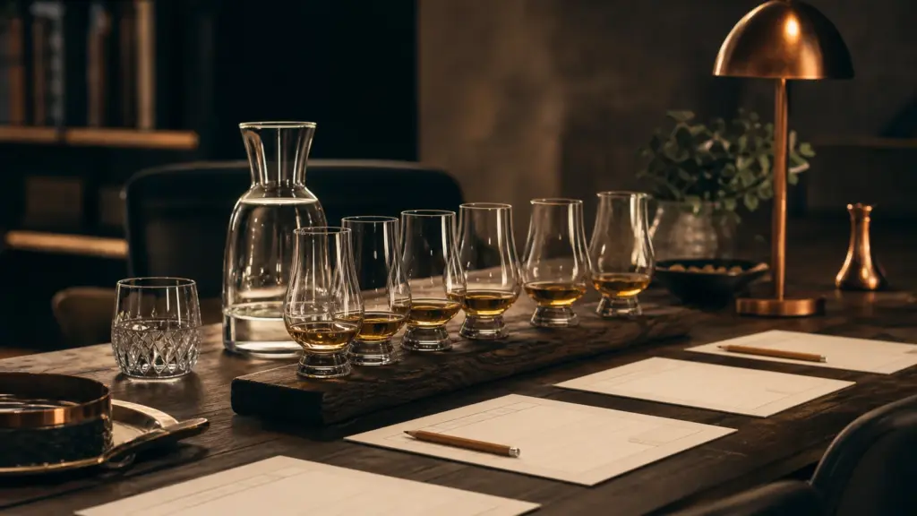 Vorbereitetes Whisky-Tasting zu Hause mit sechs Proben