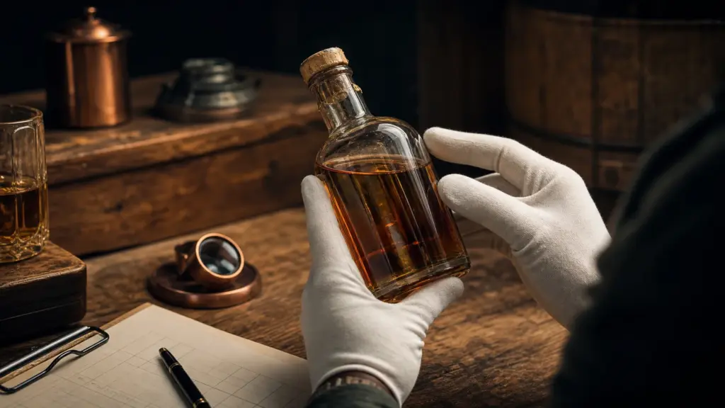 Alte Whiskyflasche wird sorgfältig auf Zustand und Wert geprüft